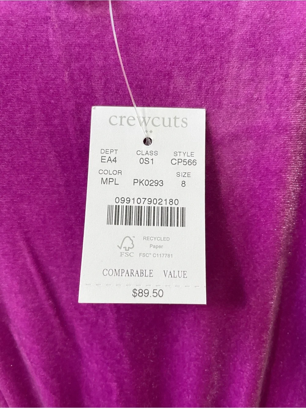 NWT Crewcuts by J.Crew Girls Purple Velvet Jumpsuit Size 8 Festive Event Holiday